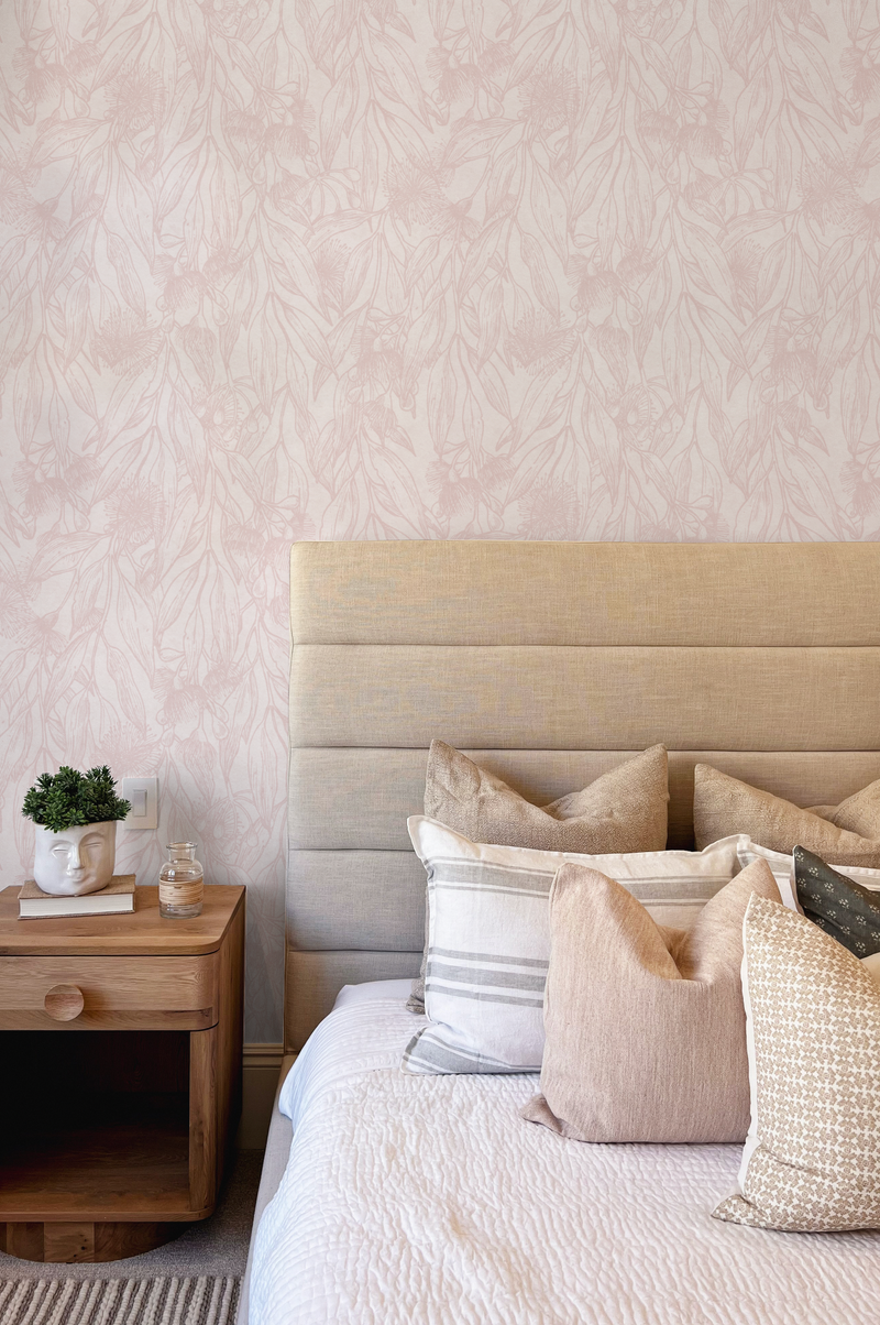 Flowering Gum Pink Wallpaper from Olive et Oriel where you can shop wallpaper and artworks online