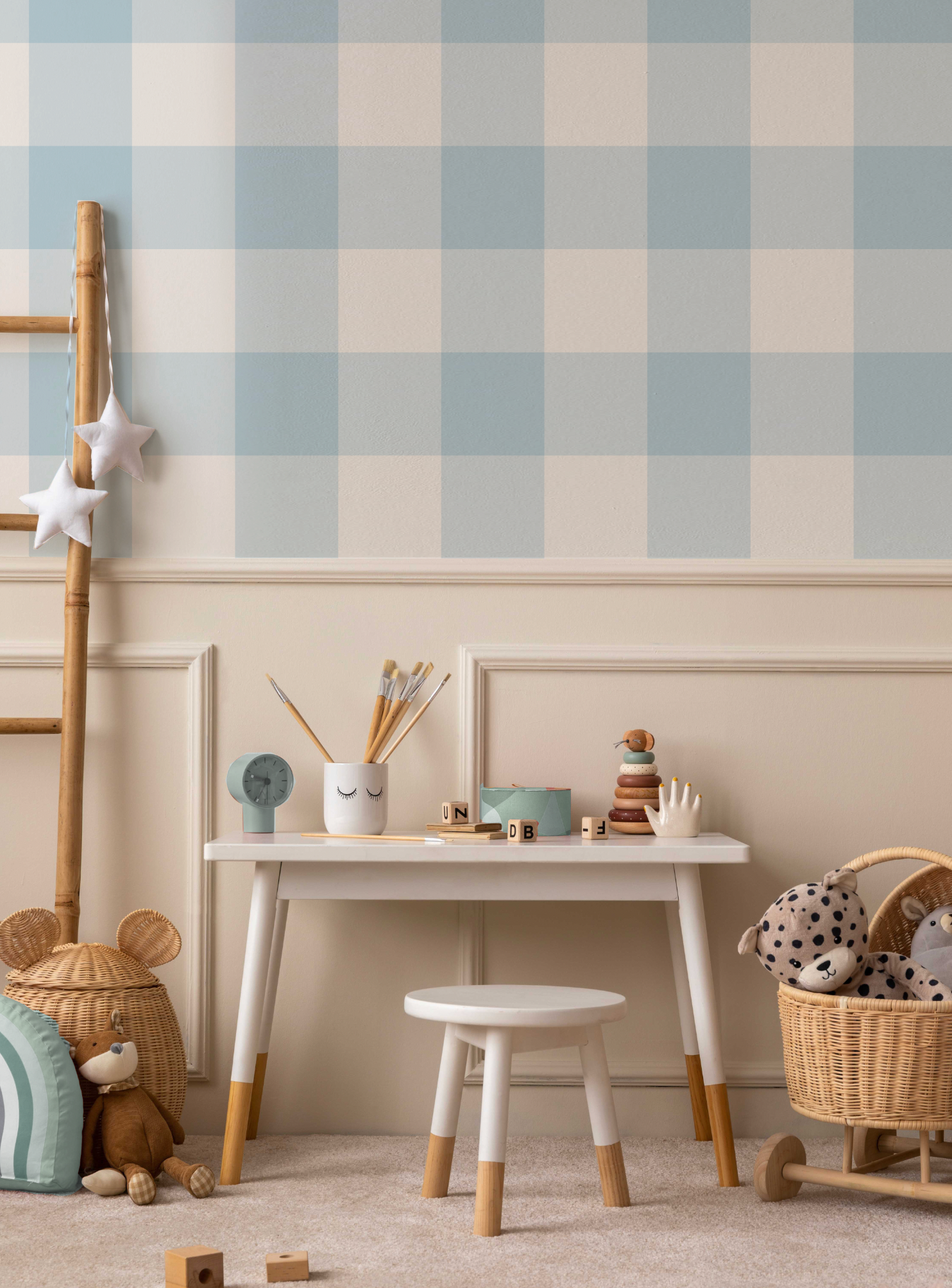 Large Gingham Check Light Blue Wallpaper