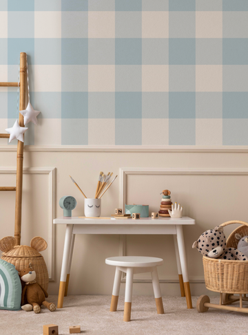 Large Gingham Check Light Blue Wallpaper from Olive et Oriel where you can shop wallpaper and artworks online