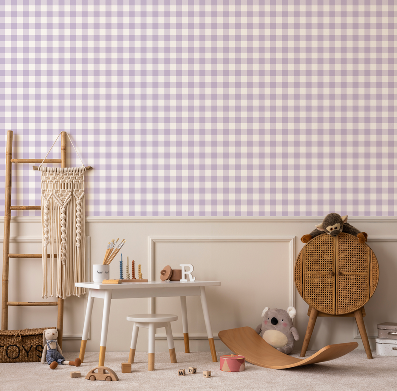 Small Gingham Check Lilac Wallpaper from Olive et Oriel where you can shop wallpaper and artworks online