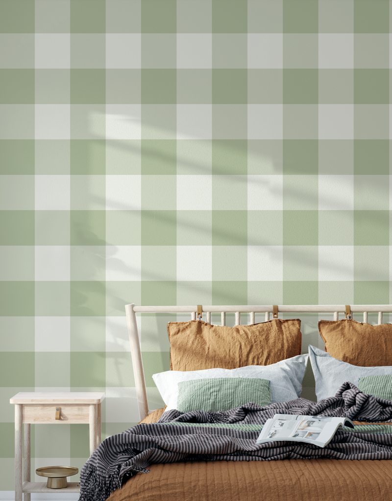 Large Gingham Check Sage Green Wallpaper from Olive et Oriel where you can shop wallpaper and artworks online