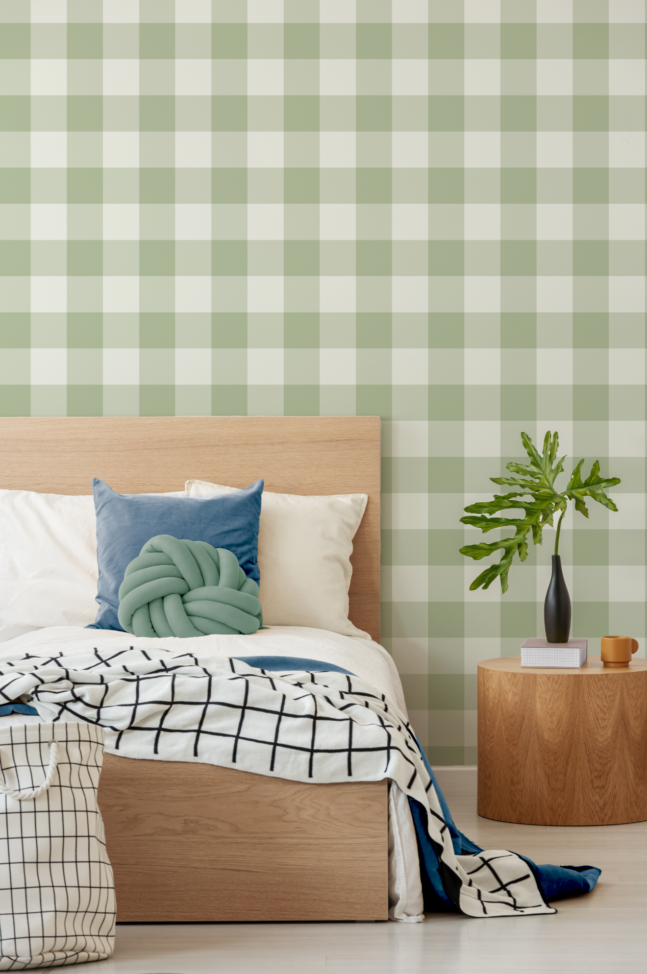 Medium Gingham Check Sage Green Wallpaper