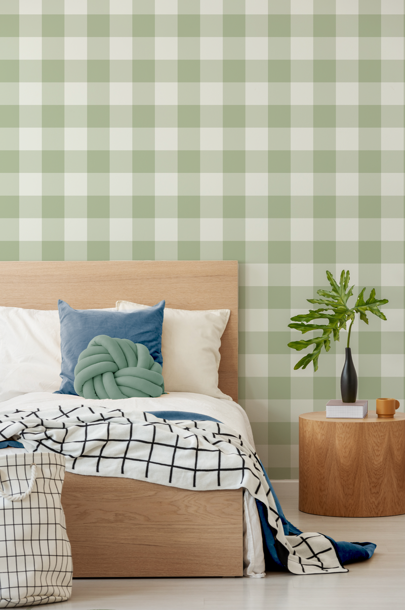 Medium Gingham Check Sage Green Wallpaper from Olive et Oriel where you can shop wallpaper and artworks online