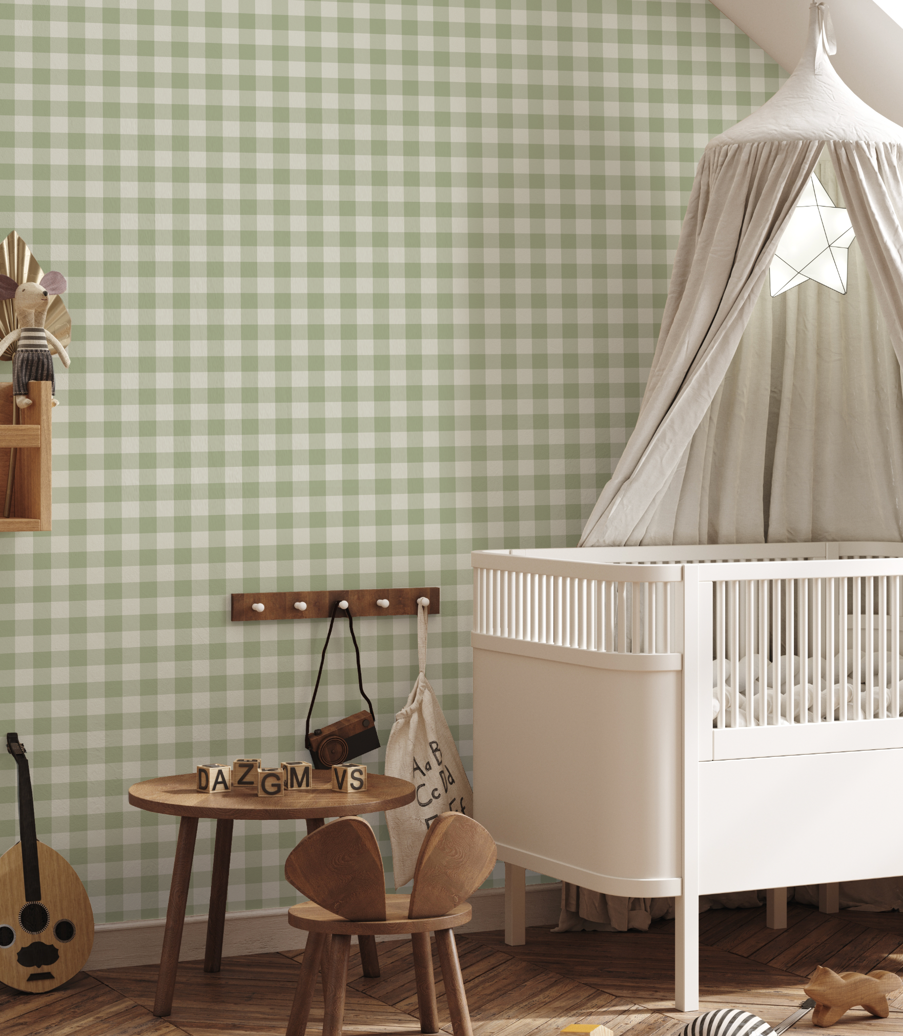 Small Gingham Check Sage Green Wallpaper