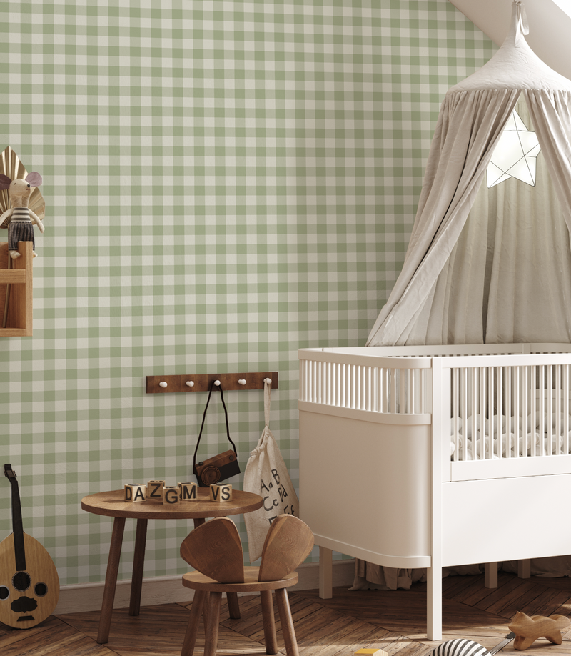 Small Gingham Check Sage Green Wallpaper from Olive et Oriel where you can shop wallpaper and artworks online