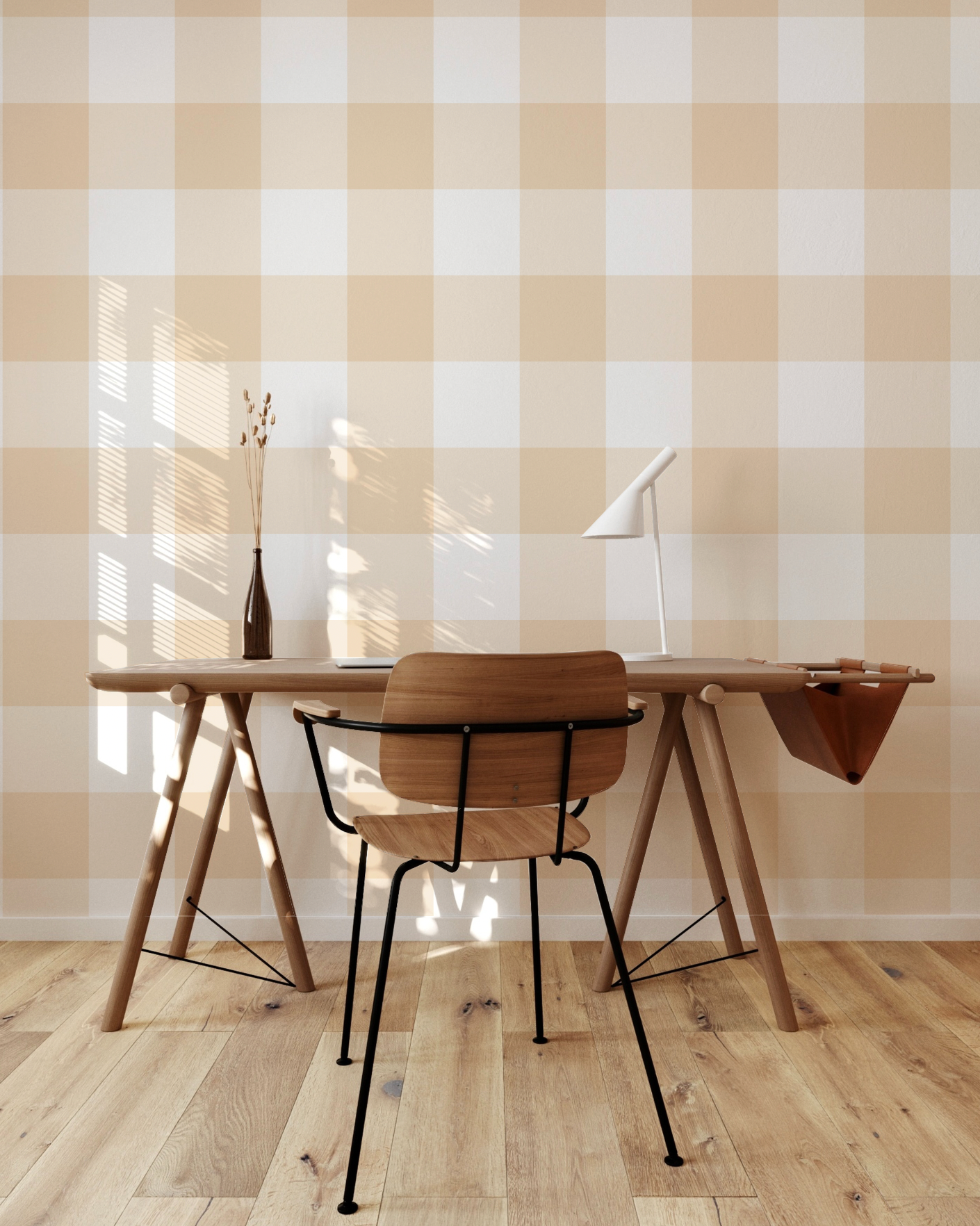 Large Gingham Check Beige Wallpaper