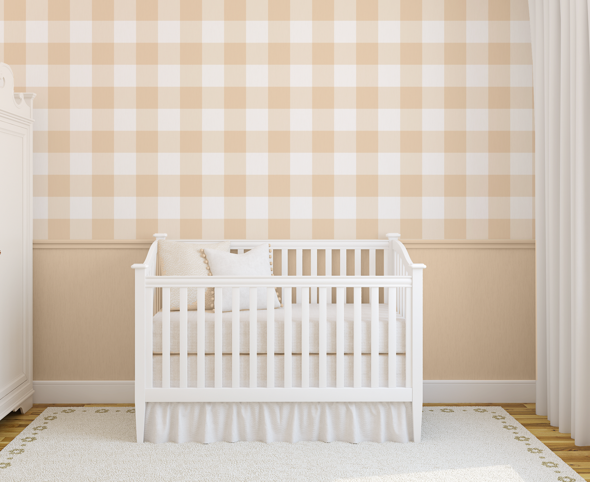 Medium Gingham Check Beige Wallpaper from Olive et Oriel where you can shop wallpaper and artworks online