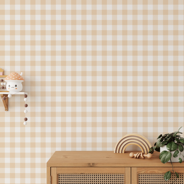 Small Gingham Check Beige Wallpaper from Olive et Oriel where you can shop wallpaper and artworks online