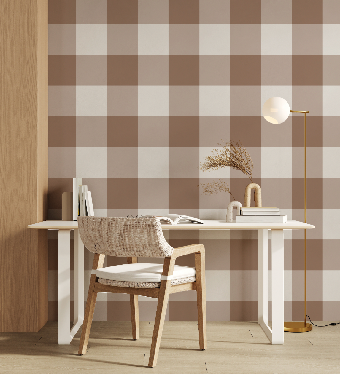 Large Gingham Check Chocolate Brown Wallpaper