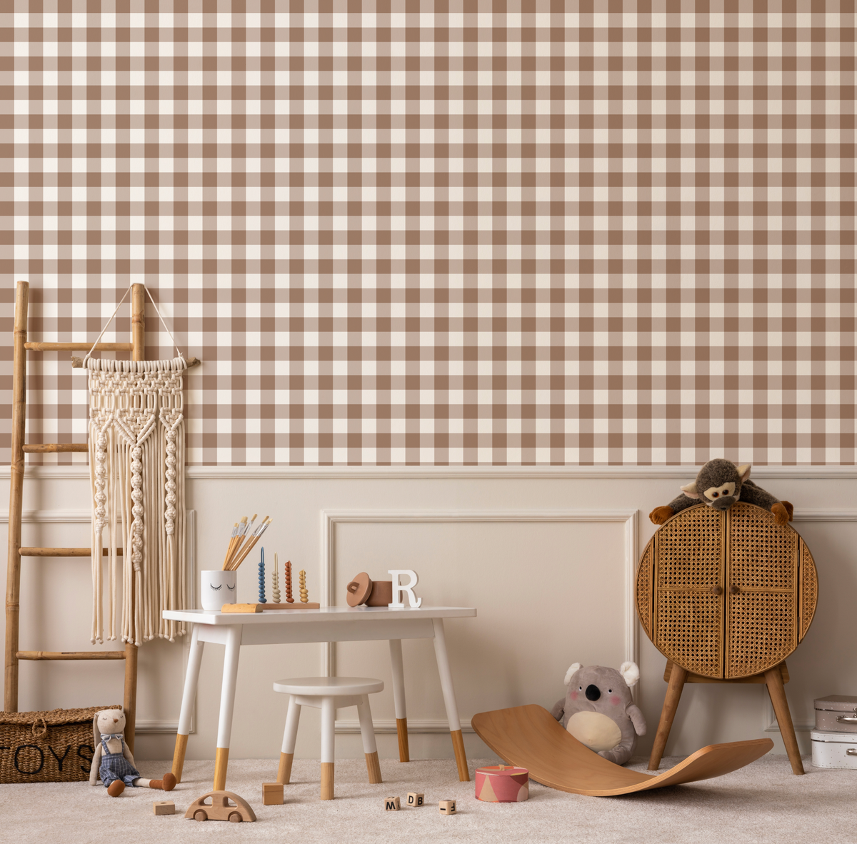 Small Gingham Check Chocolate Brown Wallpaper from Olive et Oriel where you can shop wallpaper and artworks online