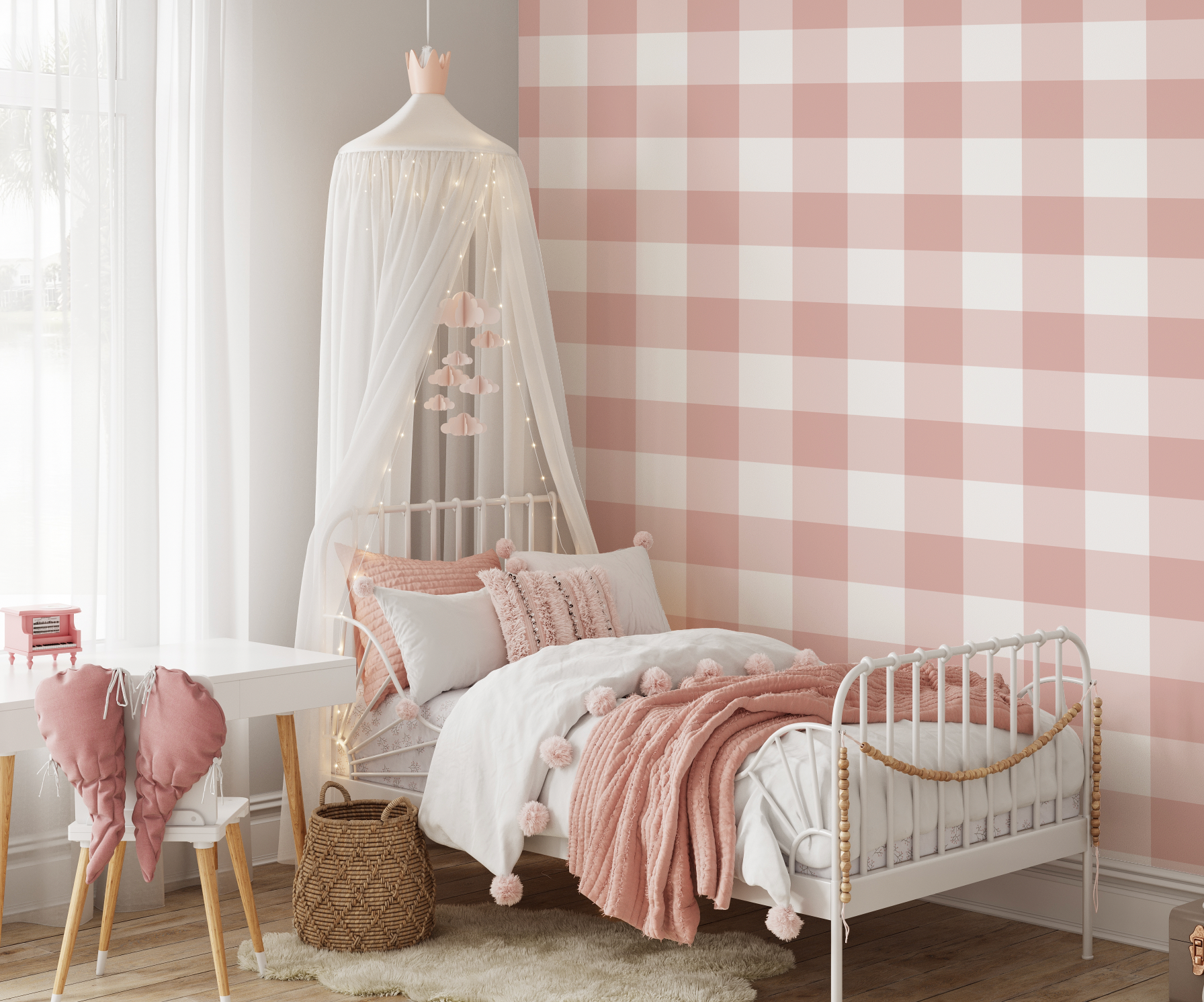 Large Gingham Check Rose Pink Wallpaper