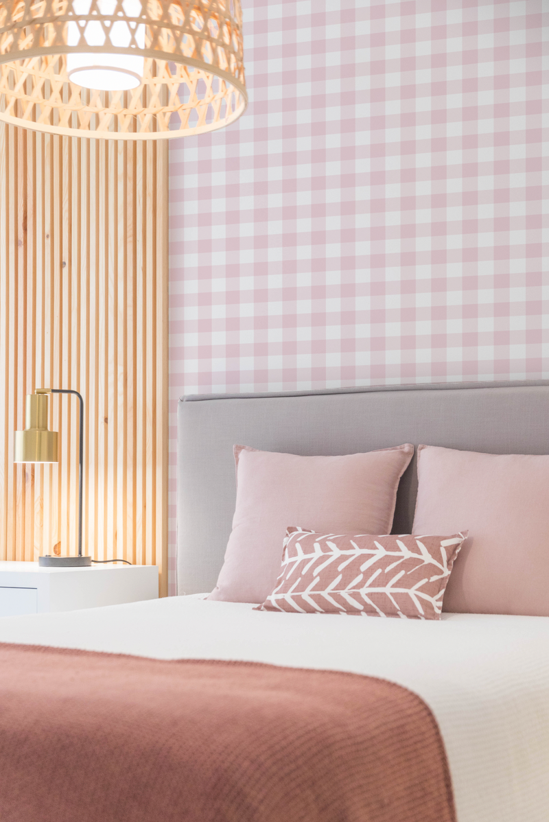 Small Gingham Check Light Pink Wallpaper from Olive et Oriel where you can shop wallpaper and artworks online