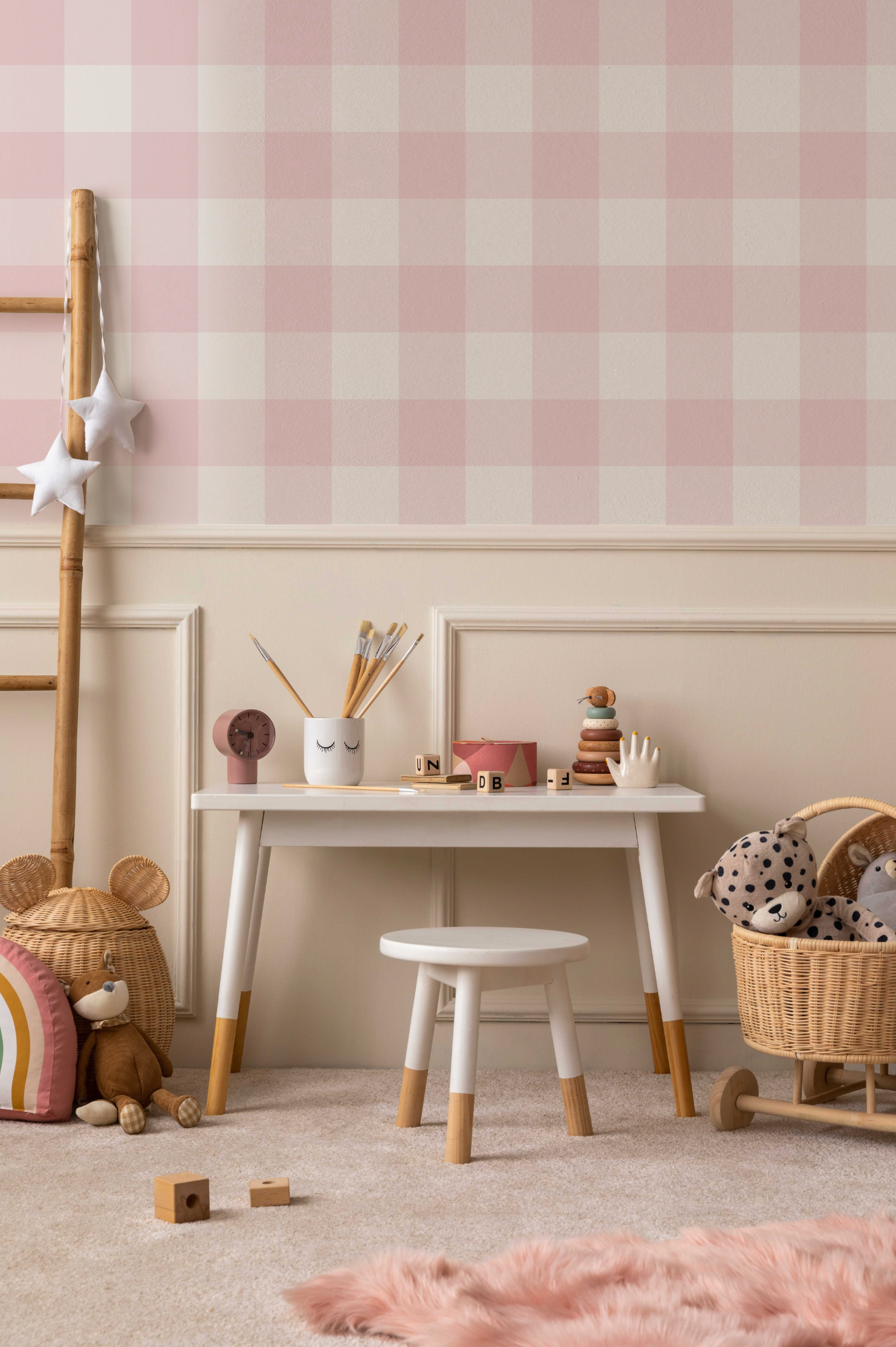 Medium Gingham Check Light Pink Wallpaper