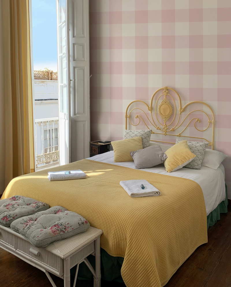 Large Gingham Check Light Pink Wallpaper from Olive et Oriel where you can shop wallpaper and artworks online