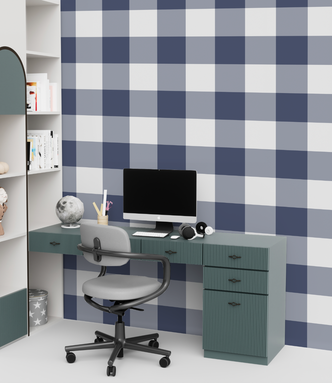 Large Gingham Check Navy Blue Wallpaper