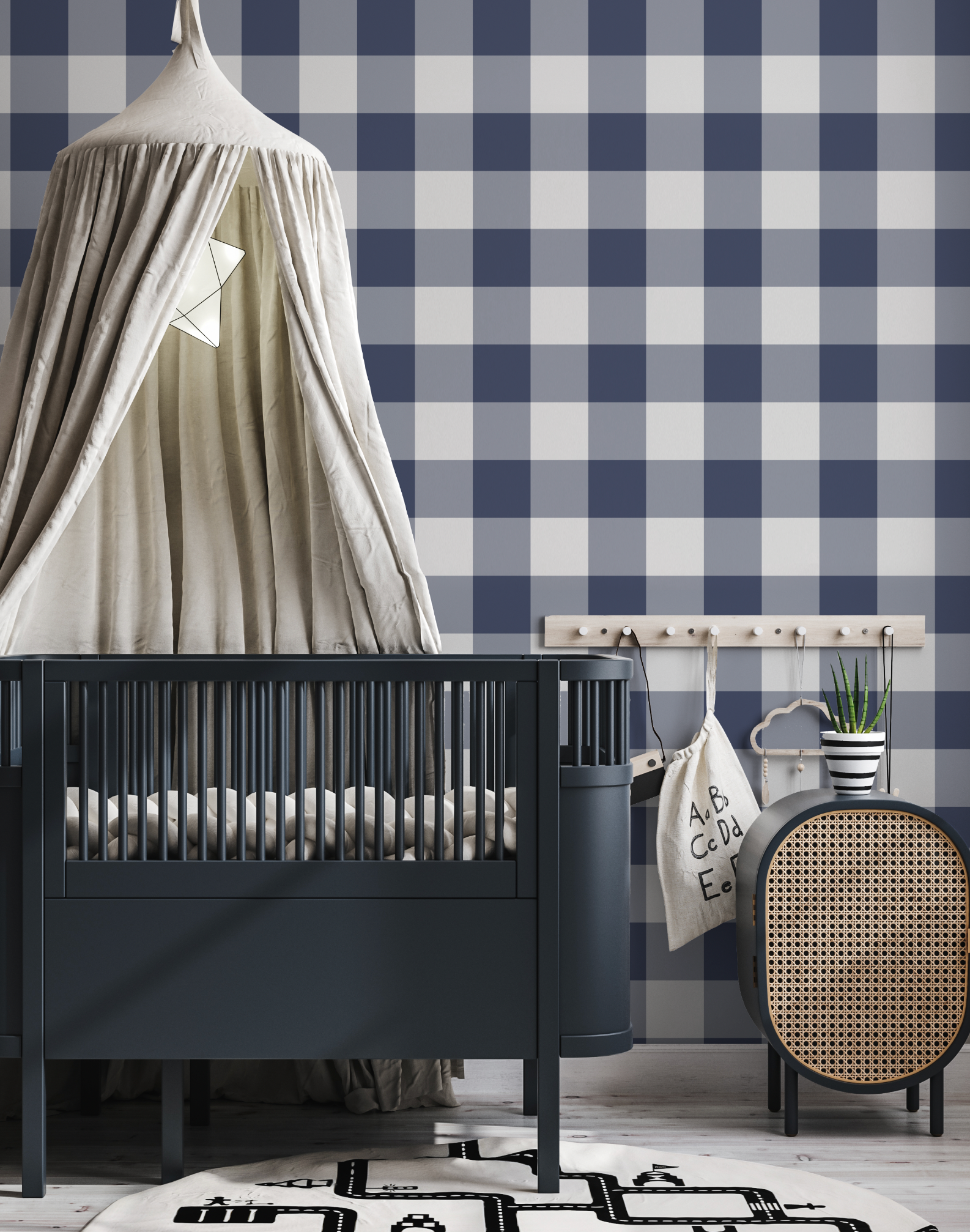 Medium Gingham Check Navy Blue Wallpaper