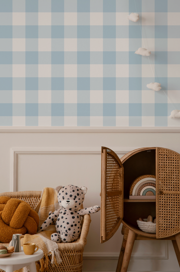 Medium Gingham Check Light Blue Wallpaper from Olive et Oriel where you can shop wallpaper and artworks online