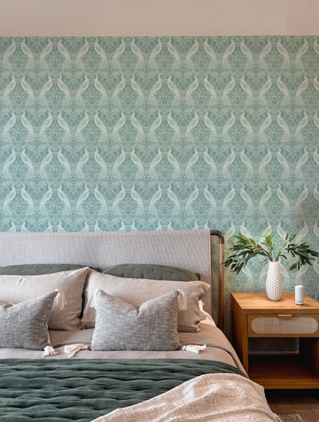 Peacock Palazzo Emerald Green Wallpaper from Olive et Oriel where you can shop wallpaper and artworks online