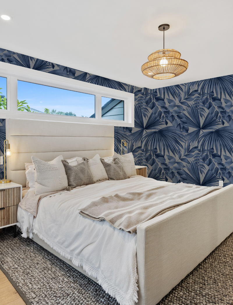 Barbados Fan Palm Navy Blue Wallpaper from Olive et Oriel where you can shop wallpaper and artworks online