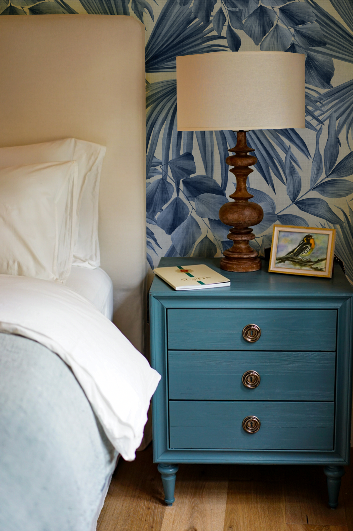 Barbados Fan Palm Navy Blue Wallpaper from Olive et Oriel where you can shop wallpaper and artworks online