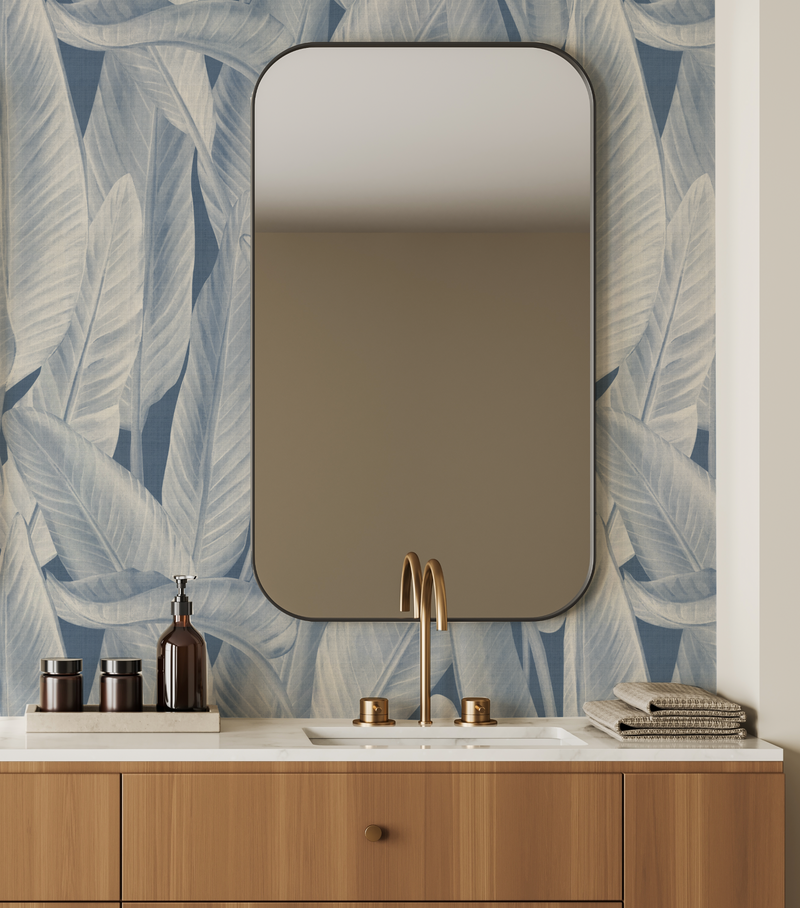 Gold Coast Palm White on Navy Blue Wallpaper from Olive et Oriel where you can shop wallpaper and artworks online