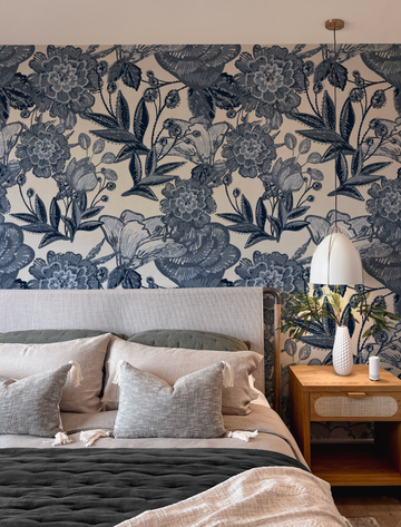 Sketched Royal Florals Navy Blue Wallpaper from Olive et Oriel where you can shop wallpaper and artworks online