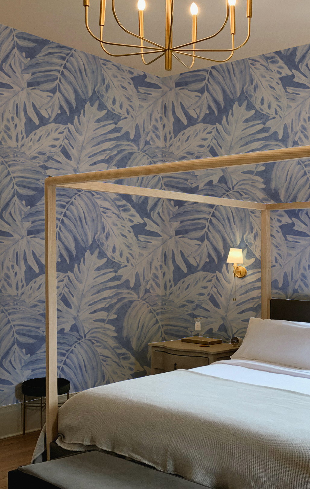 White Luxe Palm Navy Blue Wallpaper from Olive et Oriel where you can shop wallpaper and artworks online