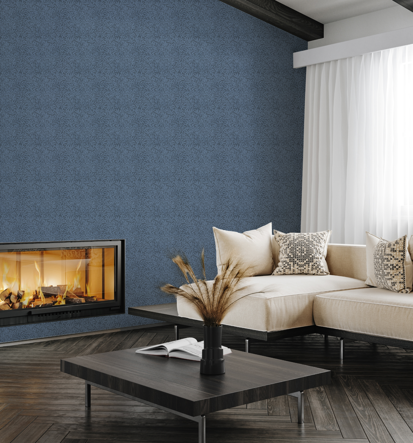 Farmhouse Leaves Navy Blue Wallpaper