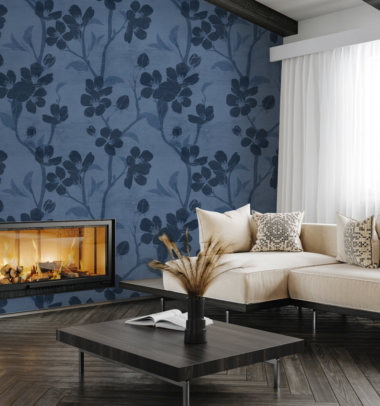 Tokyo Flower Navy Blue Wallpaper