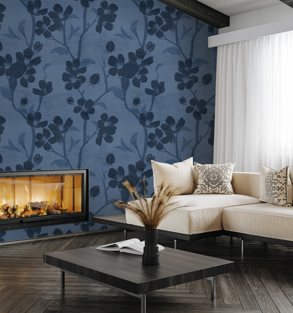 Tokyo Flower Navy Blue Wallpaper from Olive et Oriel where you can shop wallpaper and artworks online