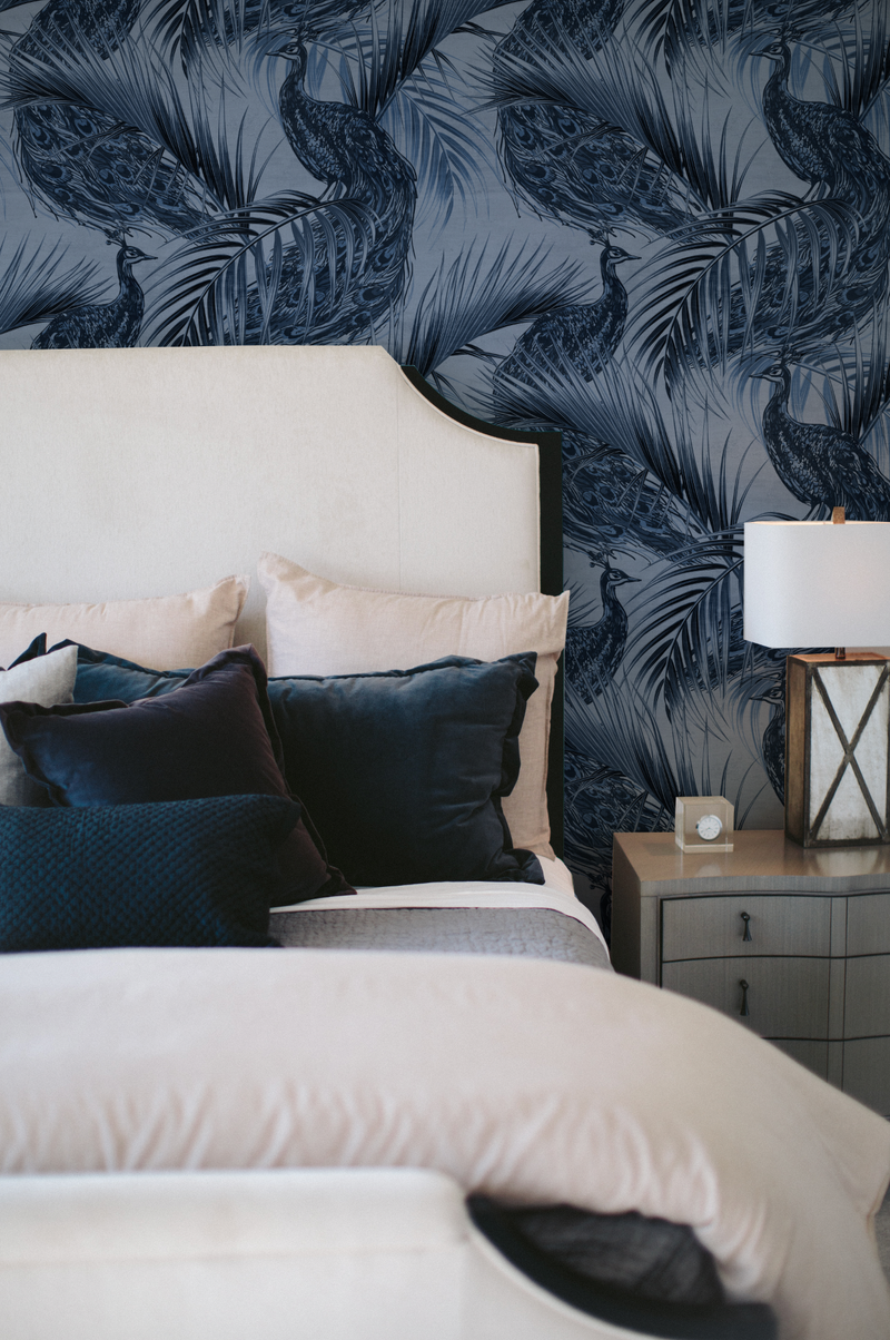 Peacock Luxe Navy Blue Wallpaper from Olive et Oriel where you can shop wallpaper and artworks online