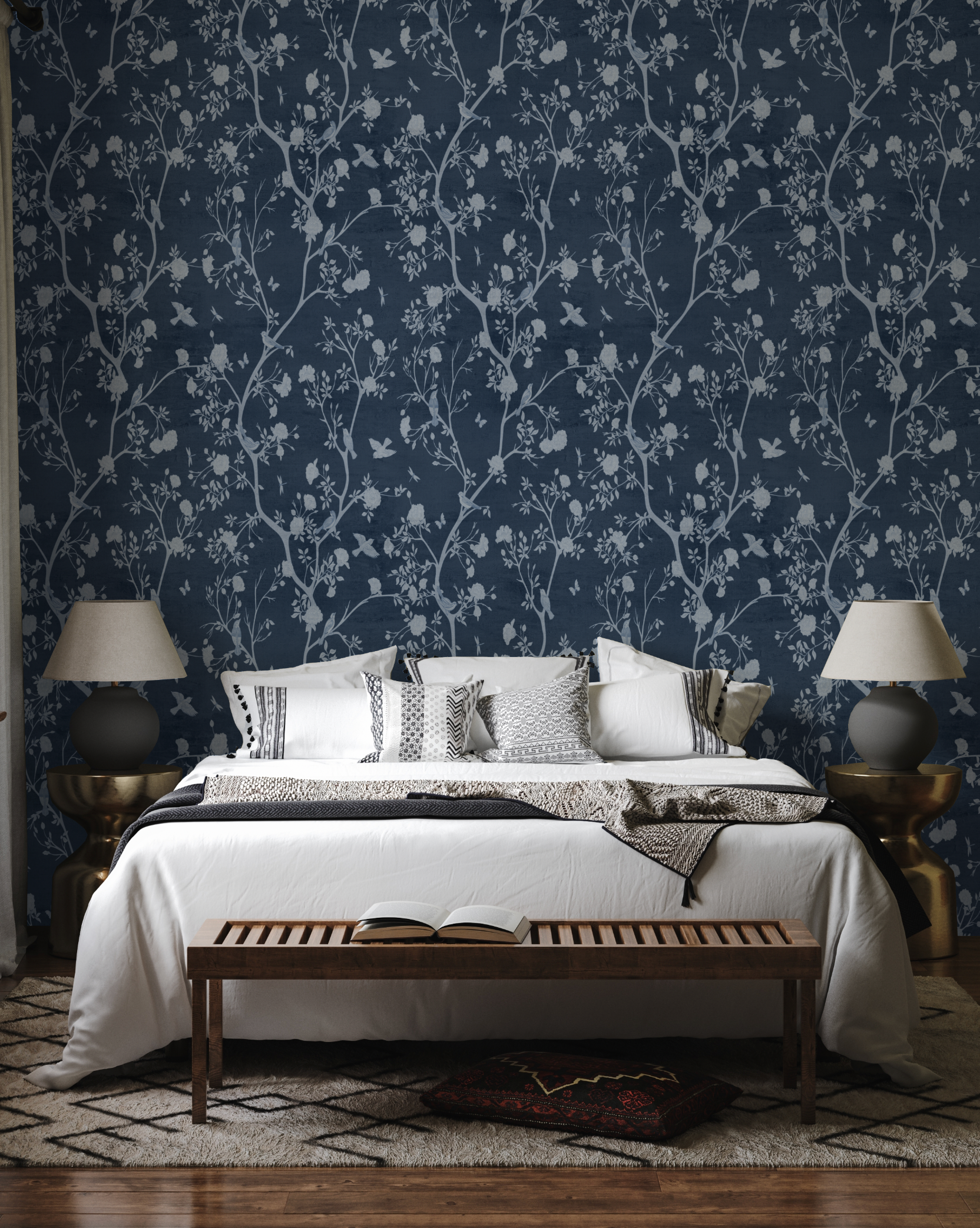 Bird Song Navy Blue Wallpaper