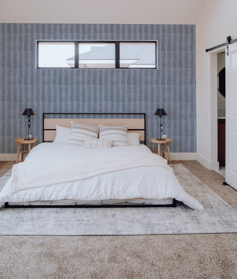 Luxe Stripes Navy Blue Wallpaper from Olive et Oriel where you can shop wallpaper and artworks online