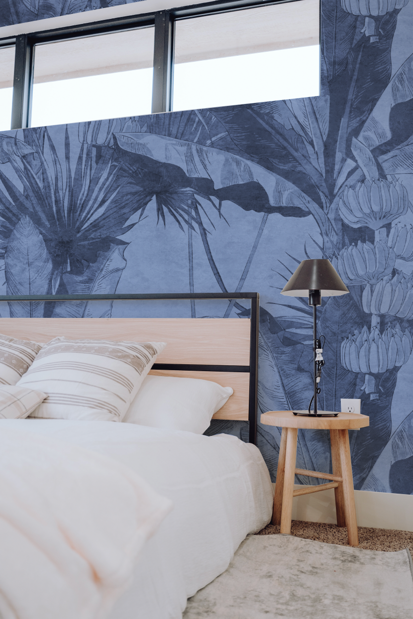 Banana Leaf Palm Navy Blue Wallpaper from Olive et Oriel where you can shop wallpaper and artworks online