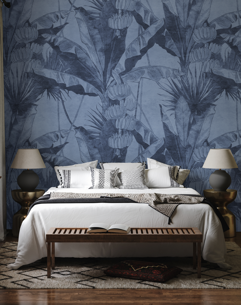 Banana Leaf Palm Navy Blue Wallpaper from Olive et Oriel where you can shop wallpaper and artworks online
