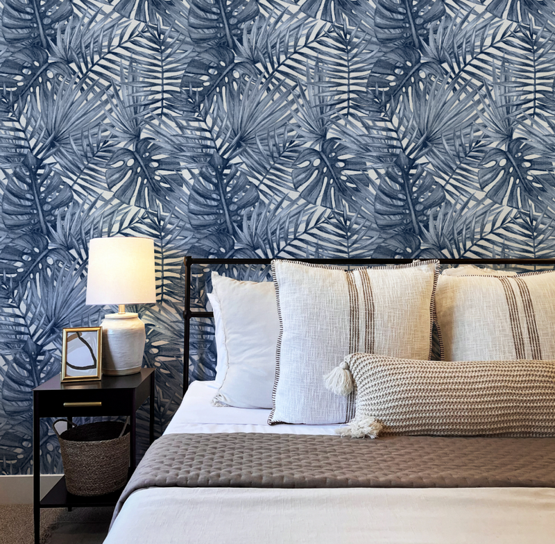 Palm Canopy Navy Blue Wallpaper from Olive et Oriel where you can shop wallpaper and artworks online