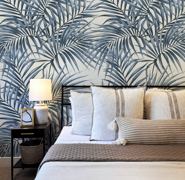 Alfresco Palm Navy Blue Wallpaper from Olive et Oriel where you can shop wallpaper and artworks online