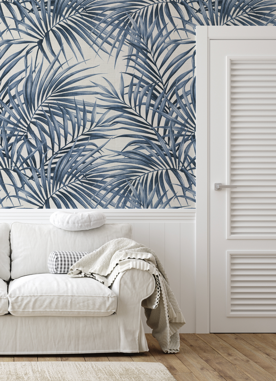 Alfresco Palm Navy Blue Wallpaper from Olive et Oriel where you can shop wallpaper and artworks online