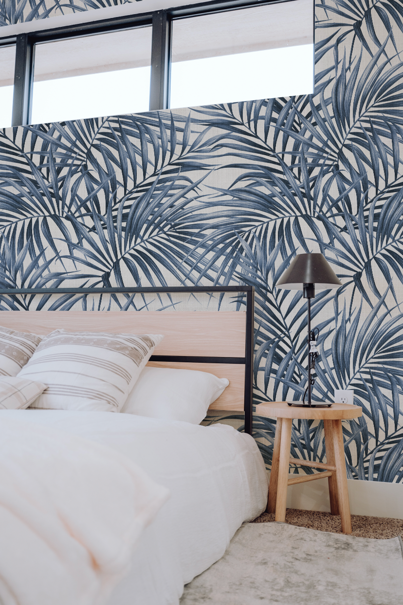 Alfresco Palm Navy Blue Wallpaper from Olive et Oriel where you can shop wallpaper and artworks online