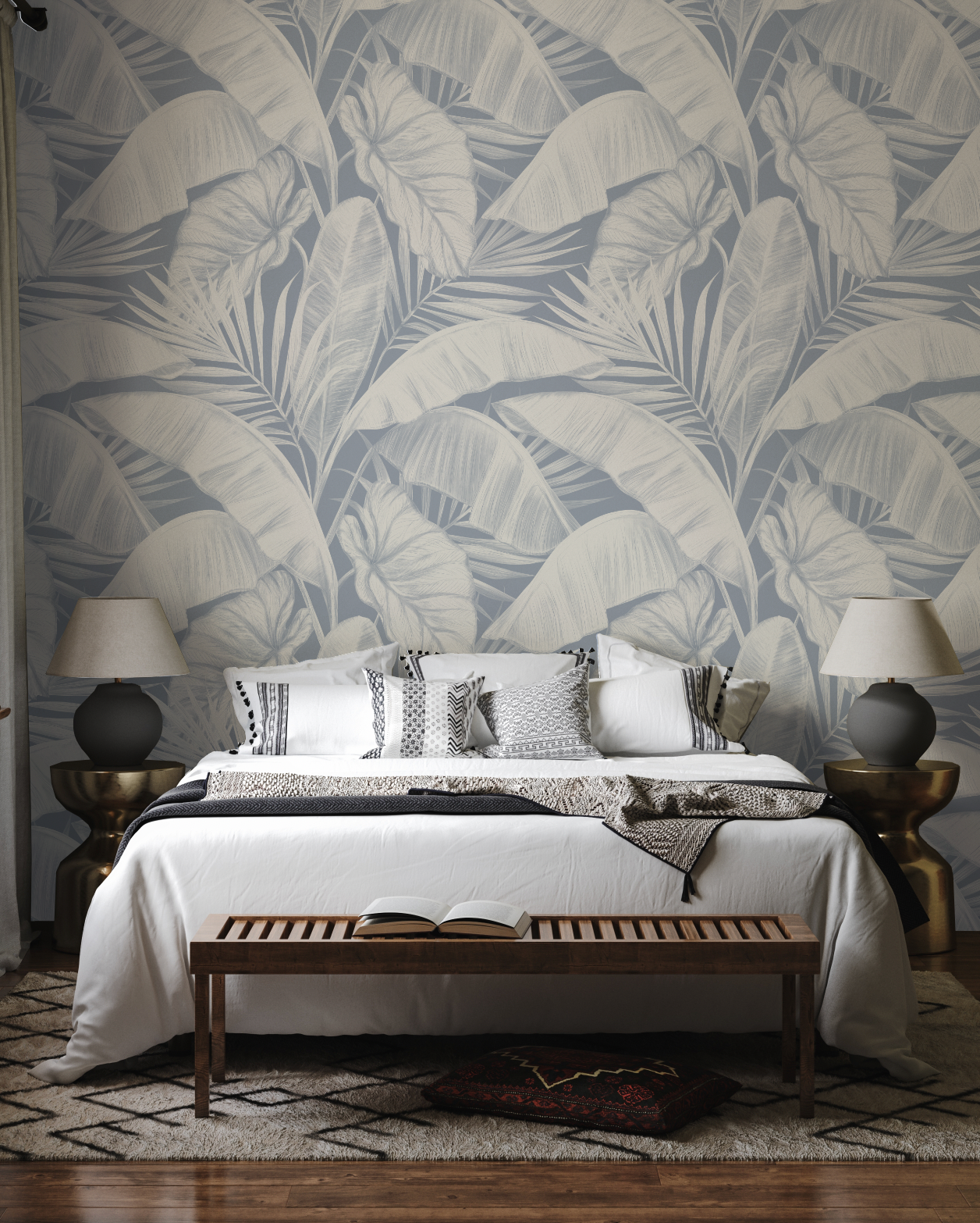 Tropical Vacay White on Navy Blue Wallpaper