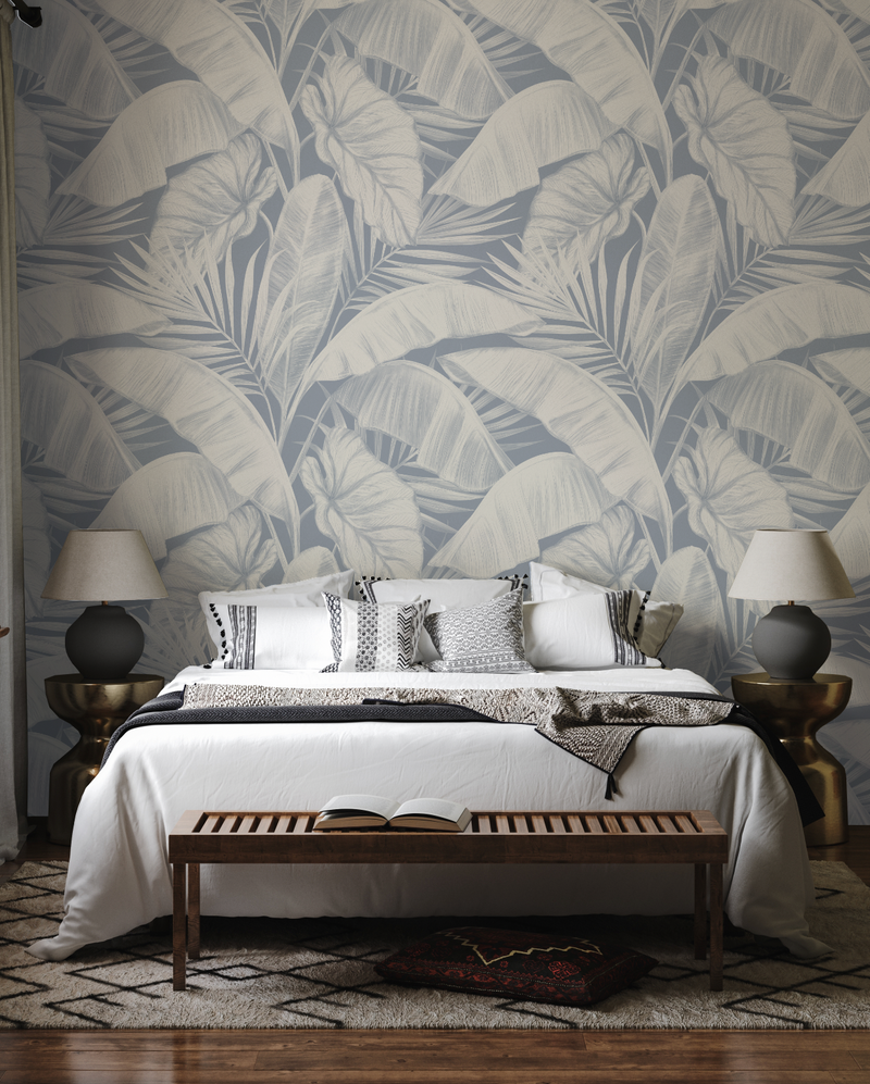 Tropical Vacay White on Navy Blue Wallpaper from Olive et Oriel where you can shop wallpaper and artworks online