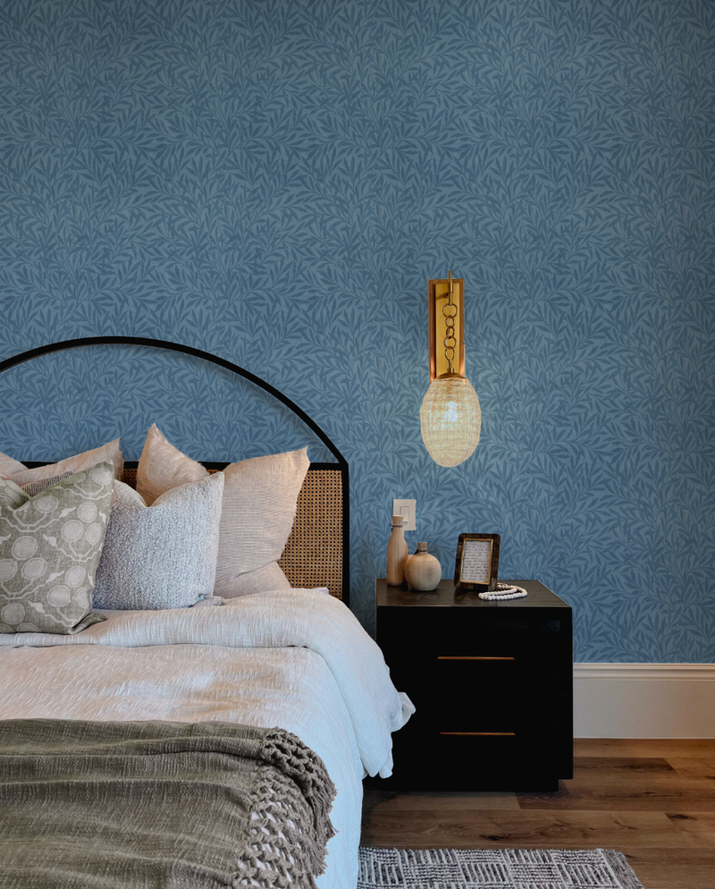 Luxe Foliage Navy Blue Wallpaper from Olive et Oriel where you can shop wallpaper and artworks online