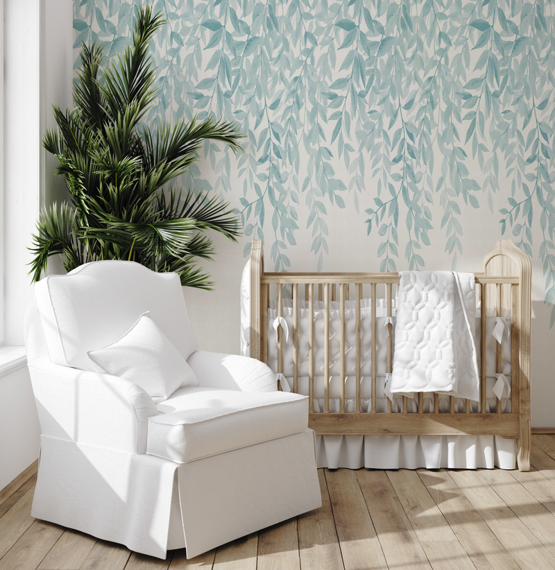 Falling Leaves Light Teal Blue Wallpaper from Olive et Oriel where you can shop wallpaper and artworks online