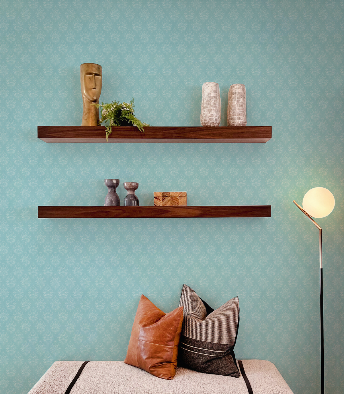 Traditional Stamp Light Teal Blue Wallpaper from Olive et Oriel where you can shop wallpaper and artworks online