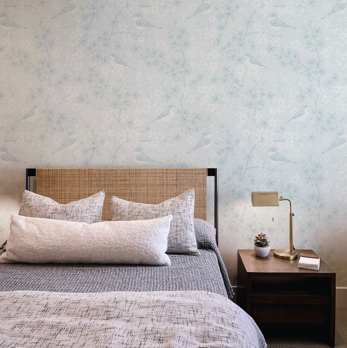 Sweet Bird Light Teal Blue Wallpaper from Olive et Oriel where you can shop wallpaper and artworks online