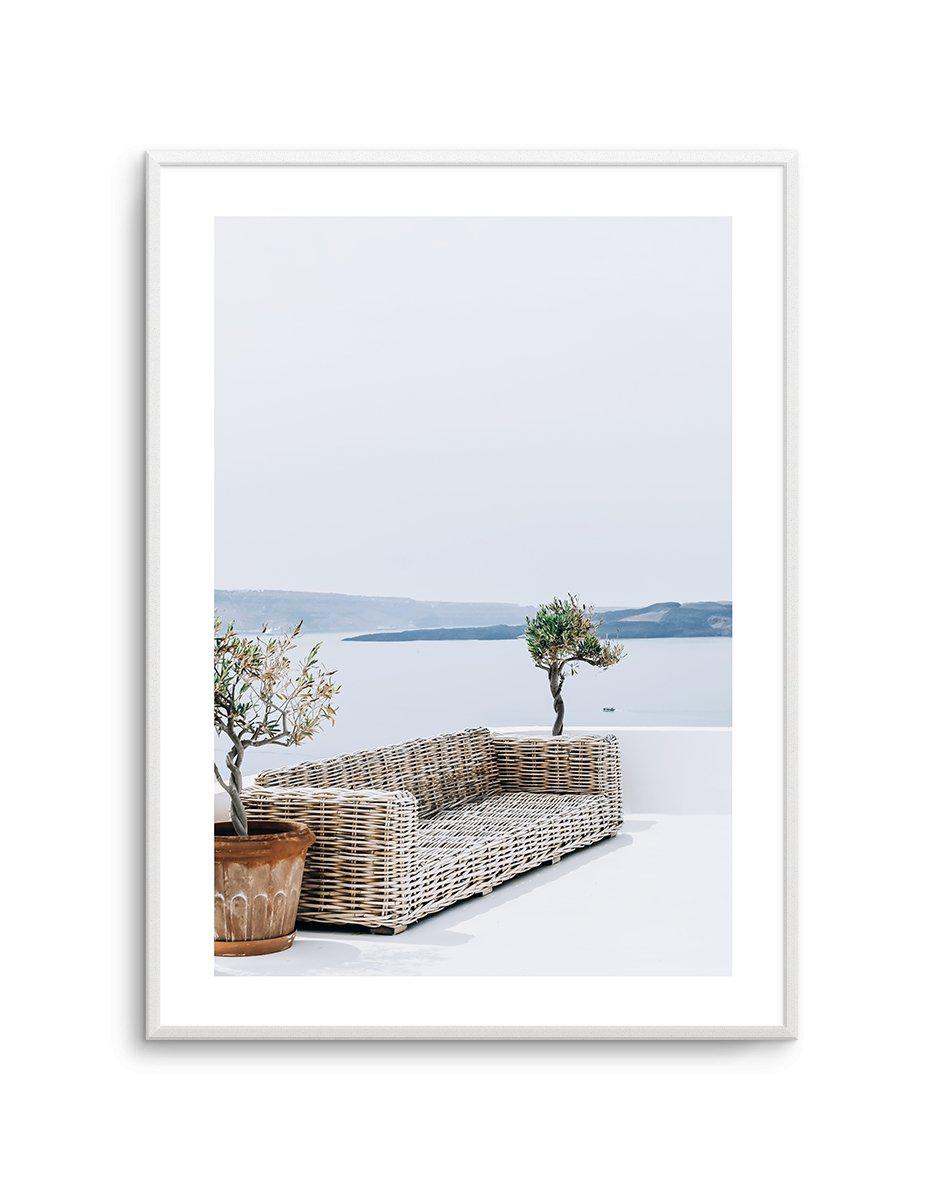 Seat In The Sun Art Print-Shop Greece Wall Art Prints Online with Olive et Oriel - Our collection of Greek Islands art prints offer unique wall art including blue domes of Santorini in Oia, mediterranean sea prints and incredible posters from Milos and other Greece landscape photography - this collection will add mediterranean blue to your home, perfect for updating the walls in coastal, beach house style. There is Greece art on canvas and extra large wall art with fast, free shipping across Aus