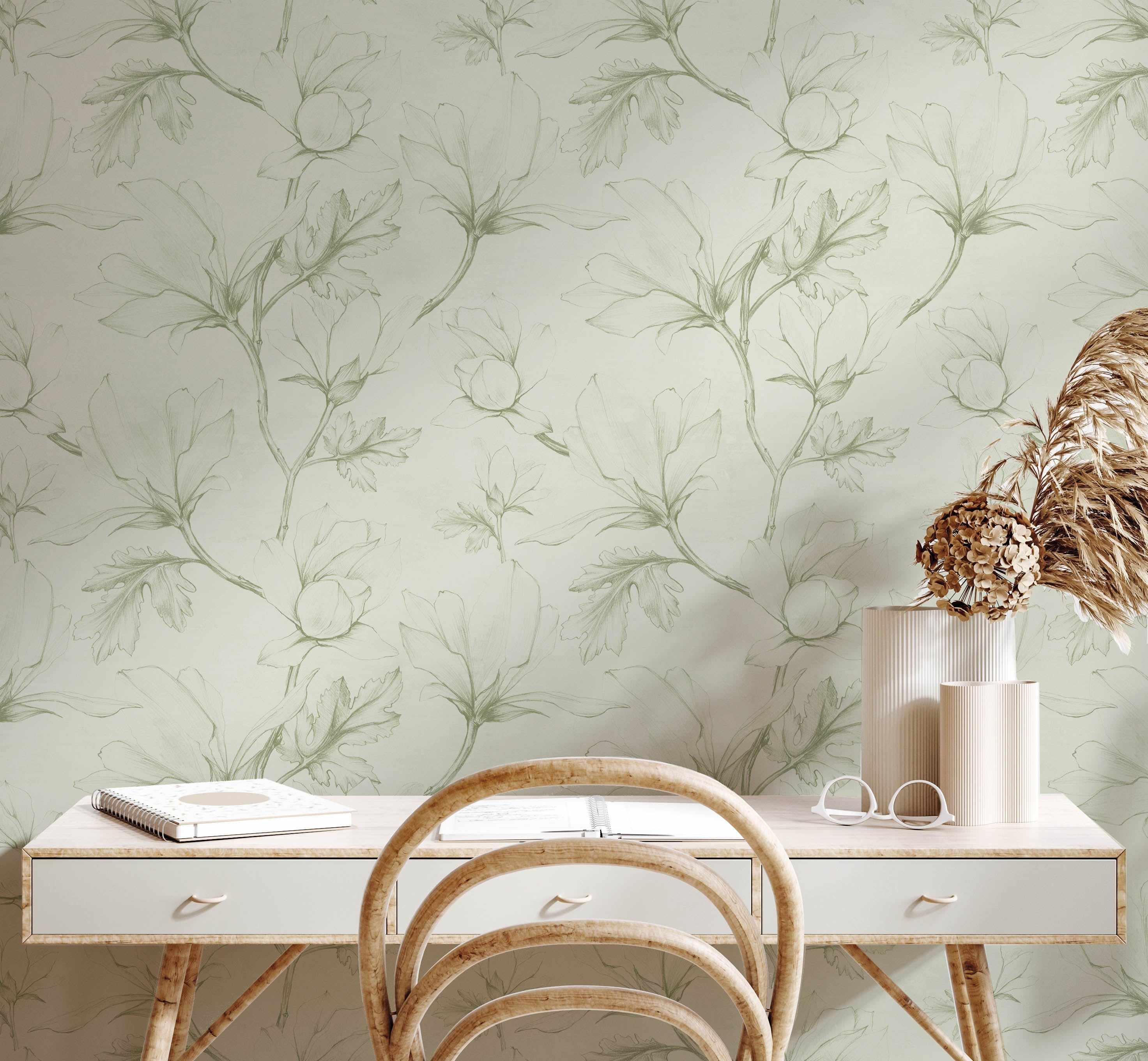 Sketched Magnolias Sage Green Wallpaper-Wallpaper-Buy Australian Removable Wallpaper Now Sage Green Wallpaper Peel And Stick Wallpaper Online At Olive et Oriel Custom Made Wallpapers Wall Papers Decorate Your Bedroom Living Room Kids Room or Commercial Interior