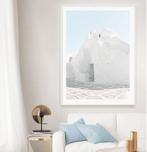 Streets of Mykonos Art Print-Shop Greece Wall Art Prints Online with Olive et Oriel - Our collection of Greek Islands art prints offer unique wall art including blue domes of Santorini in Oia, mediterranean sea prints and incredible posters from Milos and other Greece landscape photography - this collection will add mediterranean blue to your home, perfect for updating the walls in coastal, beach house style. There is Greece art on canvas and extra large wall art with fast, free shipping across 