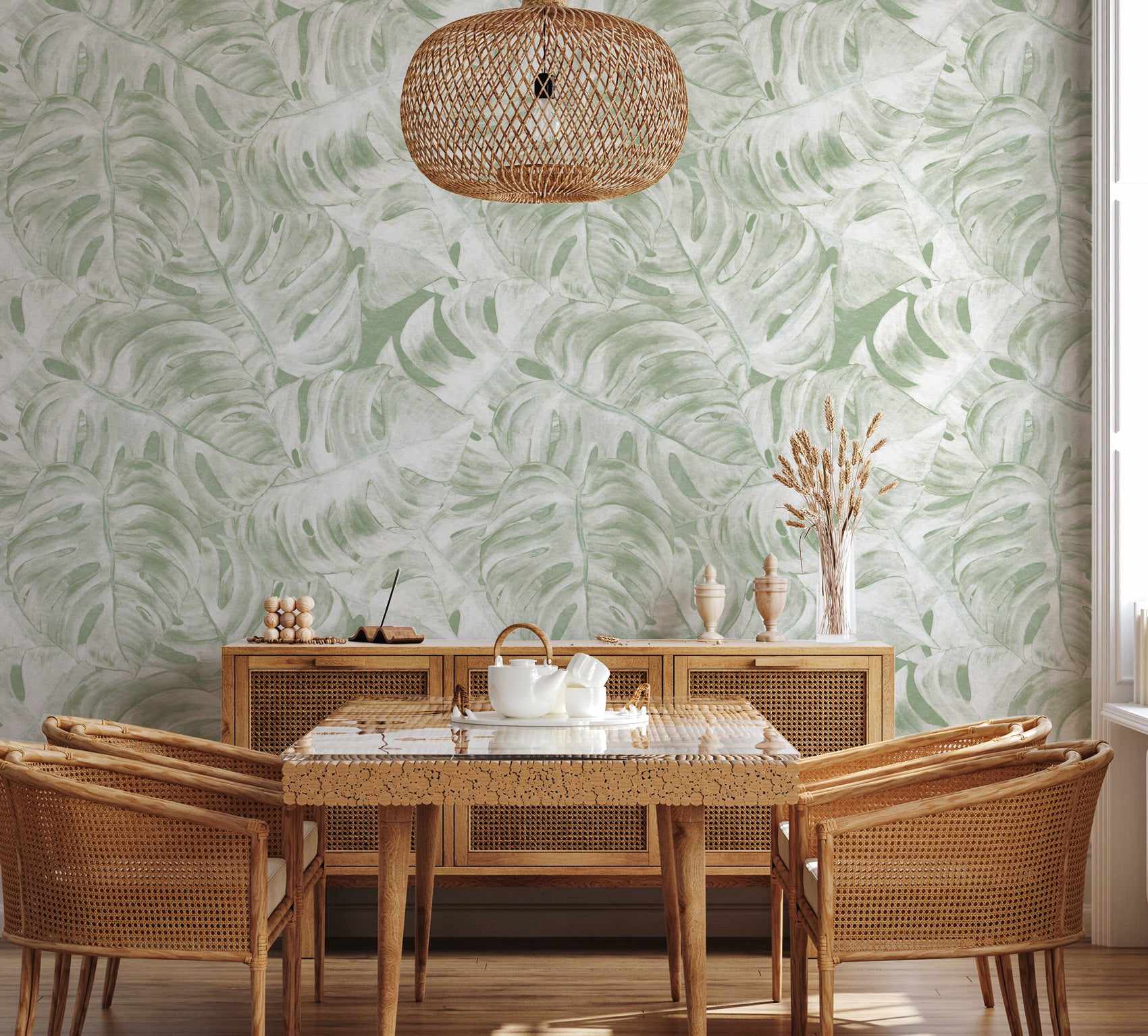 Hamptons Monstera Sage Green Wallpaper