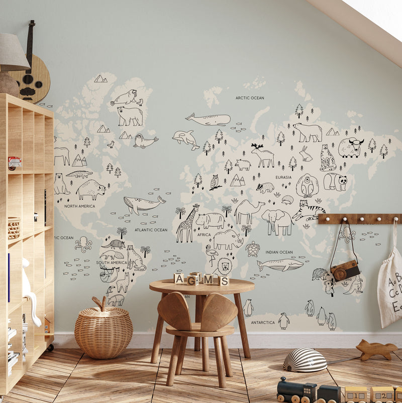 Animal Map Soft Blue Wallpaper Mural